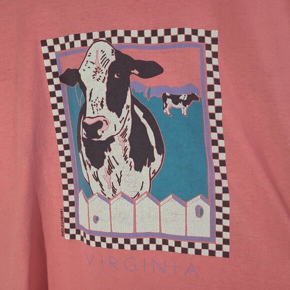Vintage 90s Virginia Cow Pink Large T-Shirt Single Stitch Made in USA - Picture 2 of 5